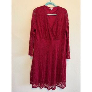Pinup Fashion Burgundy Lace Wrap V-Neck Long Sleeve Dress Plus Size 20W Wine‎